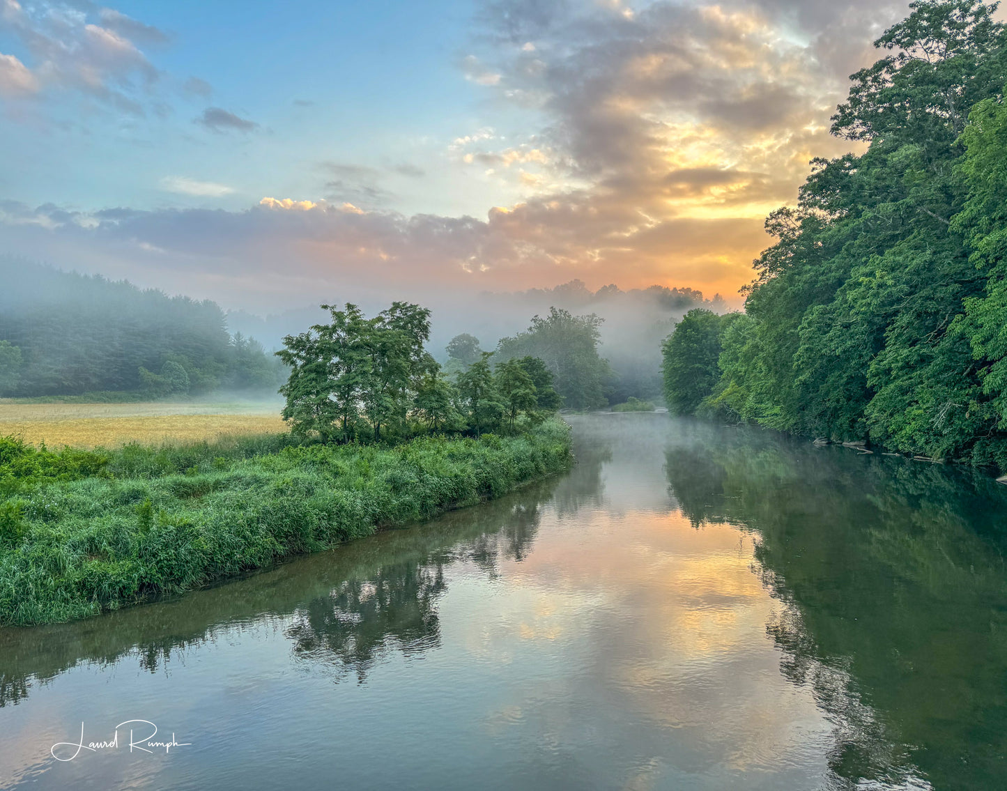 Misty sunrise over the New River with trees and a colorful sky, from Conley Cheek Road in Fleetwood (Ashe County), North Carolina. 4x5 crop