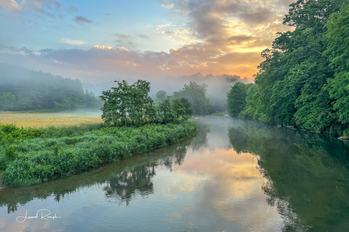 Misty sunrise over the New River with trees and a colorful sky, from Conley Cheek Road in Fleetwood (Ashe County), North Carolina. 2x3 crop