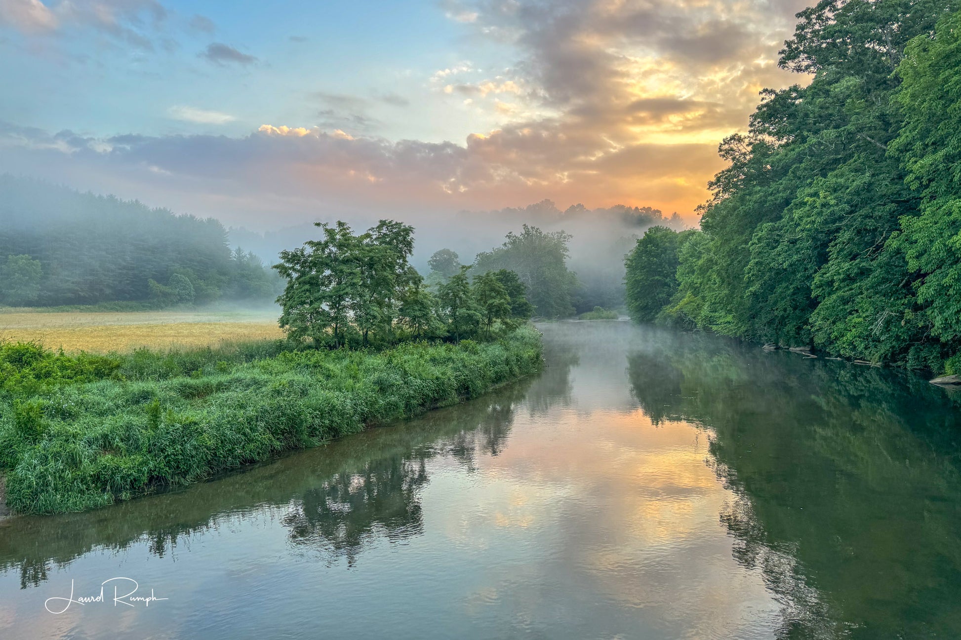 Misty sunrise over the New River with trees and a colorful sky, from Conley Cheek Road in Fleetwood (Ashe County), North Carolina. 2x3 crop