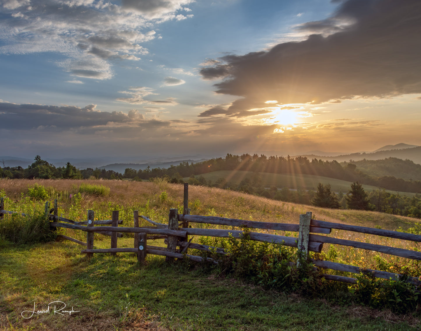 Sunrise at Doughton Park on the Blue Ridge Parkway, North Carolina, overlooking the Mountains to sea trail with a dramatic sky. 4x5 crop