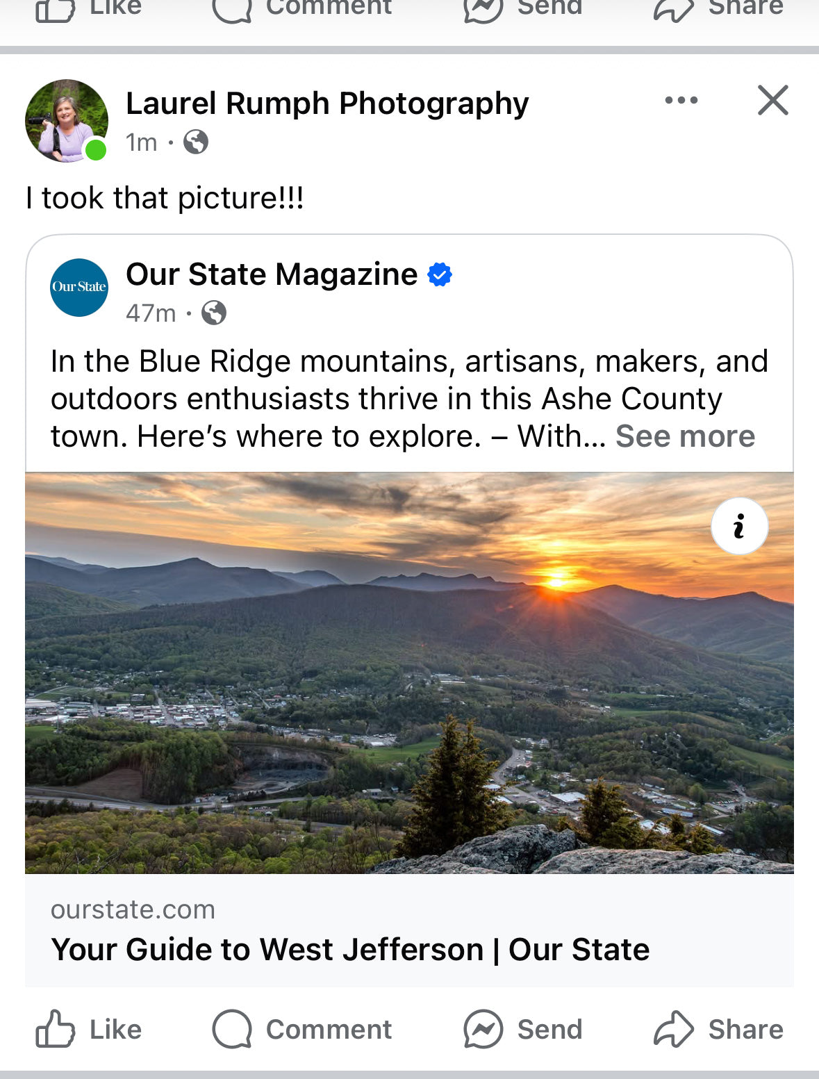 Sunset over a mountain landscape with a photo credit to Laurel Rumph Photography from Our State Magazine, North Carolina.