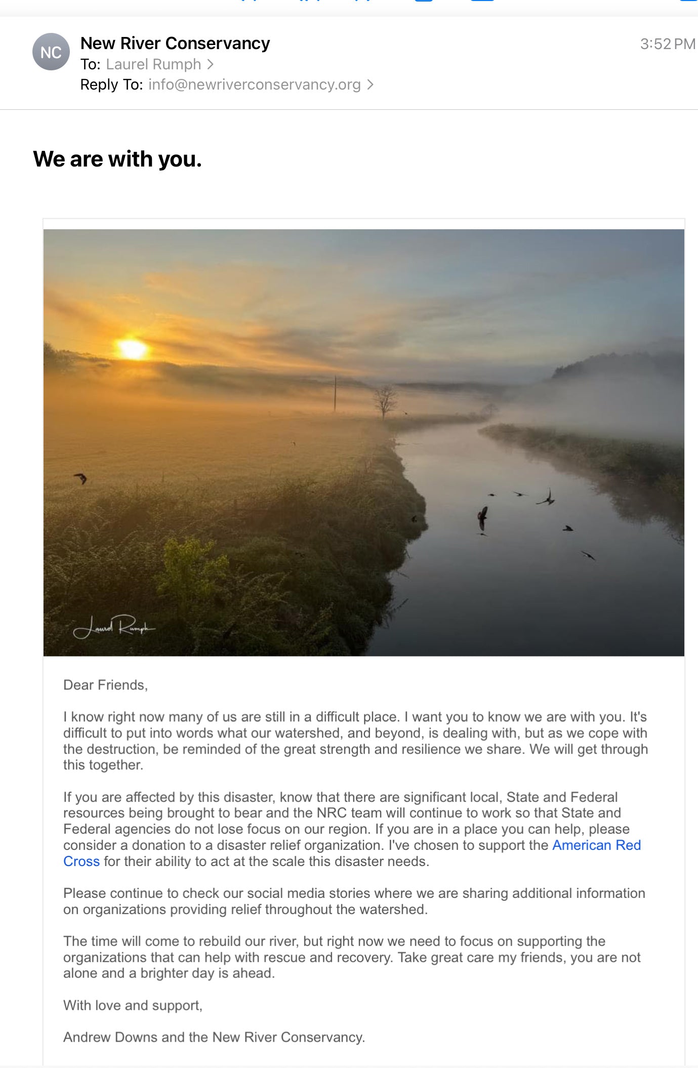 Message from New River Conservancy with a scenic image of a sunset over new river with Photo Credit of Laurel Rumph, Ashe County, North Carolina.