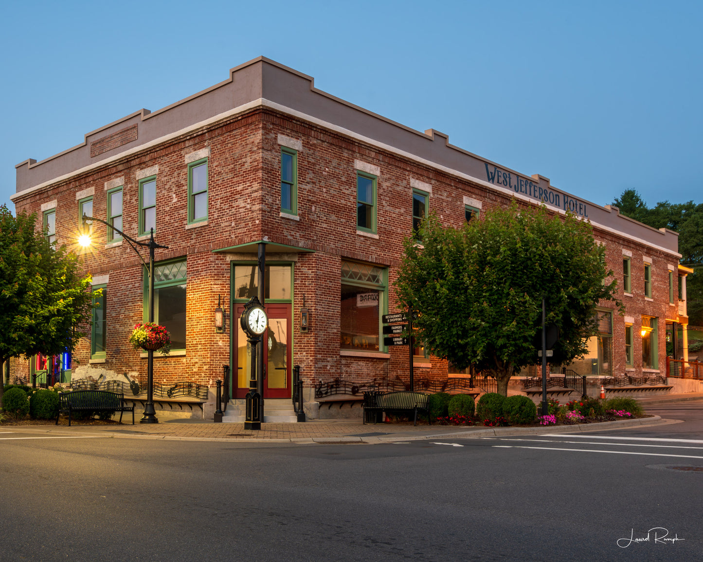 Blue hour view of the Old Hotel in downtown west jefferson, North Carolina with perfect starburst in the lampposts, also featured in our state magazine. 4x5 Crop