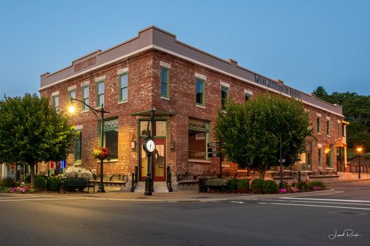 Blue hour view of the Old Hotel in downtown west jefferson, North Carolina with perfect starburst in the lampposts, also featured in our state magazine. 2-3 Crop