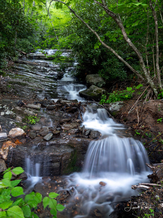 View of Nana Falls on the New river surrounded by lush greenery, and water looking silky as it flows over the rocks, Ashe County, North Carolina.