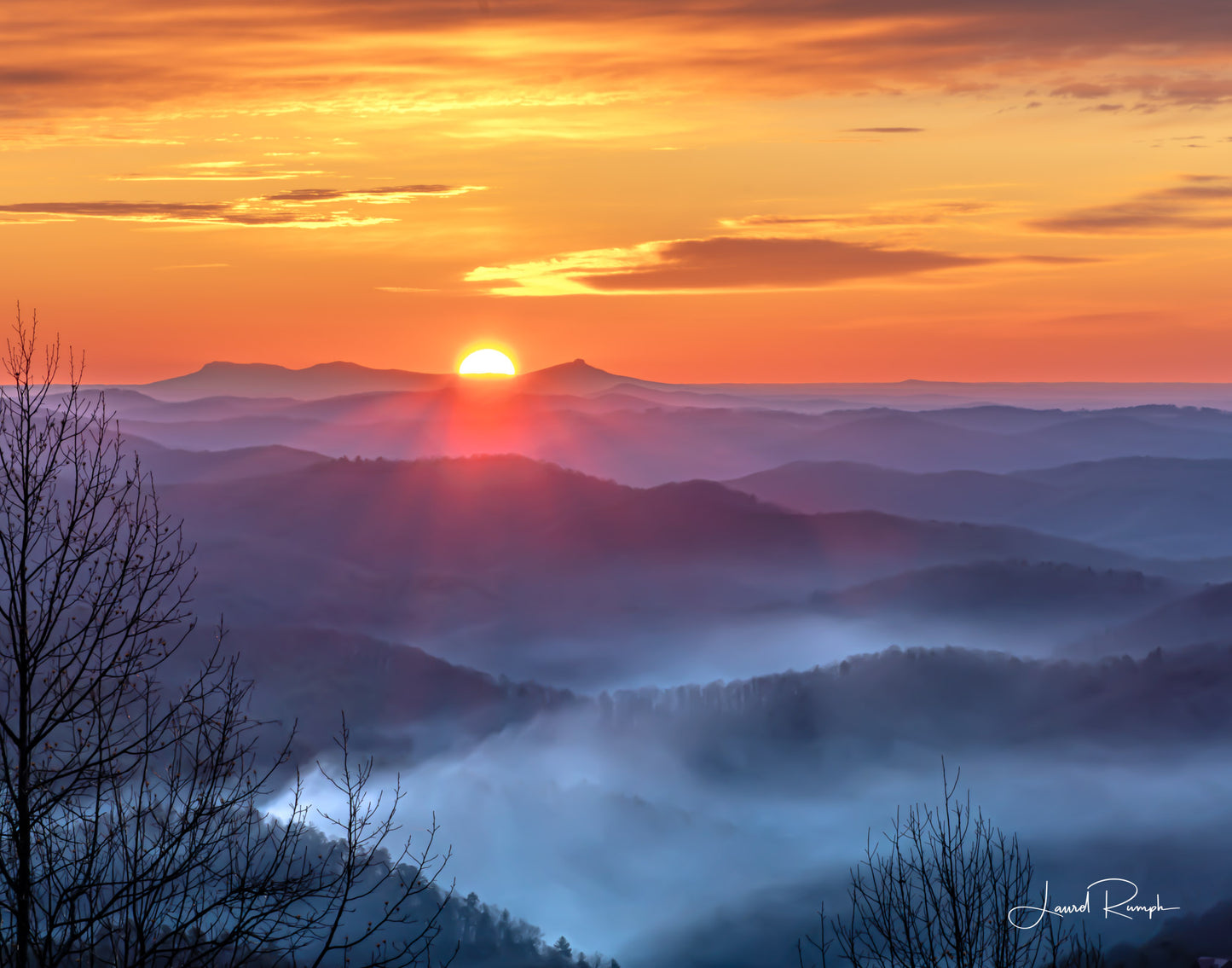 Sunrise over pilot mountain and hanging rock, viewed from Jumpinoff Rock Overlook on the Blue Ridge Parkway in Glendale Springs, Ashe County, NC. 4x5 crop