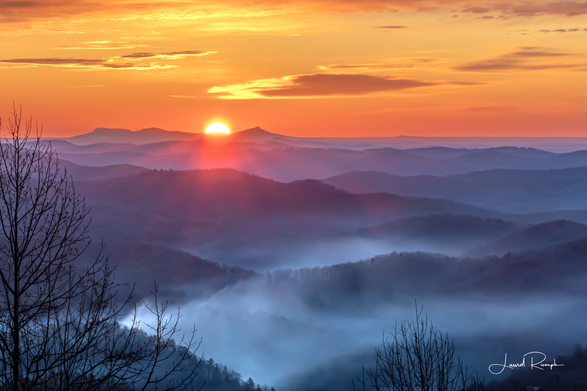 Sunrise over pilot mountain and hanging rock, viewed from Jumpinoff Rock Overlook on the Blue Ridge Parkway in Glendale Springs, Ashe County, NC. 2x3 crop
