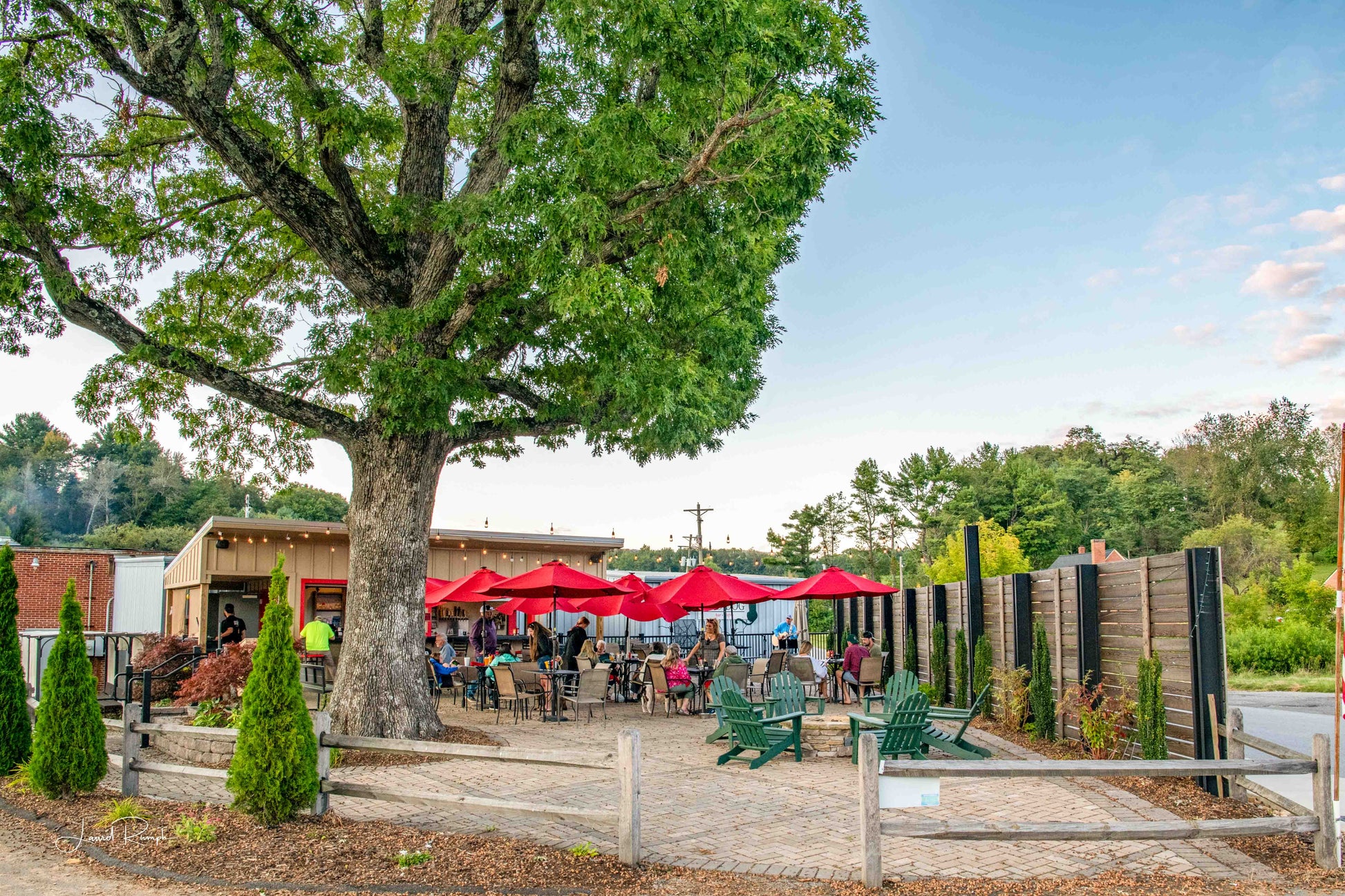 People dining outdoors at Red Dog Tavern in West Jefferson, North Carolina under red umbrellas and a large shade tree on a sunny afternoon.