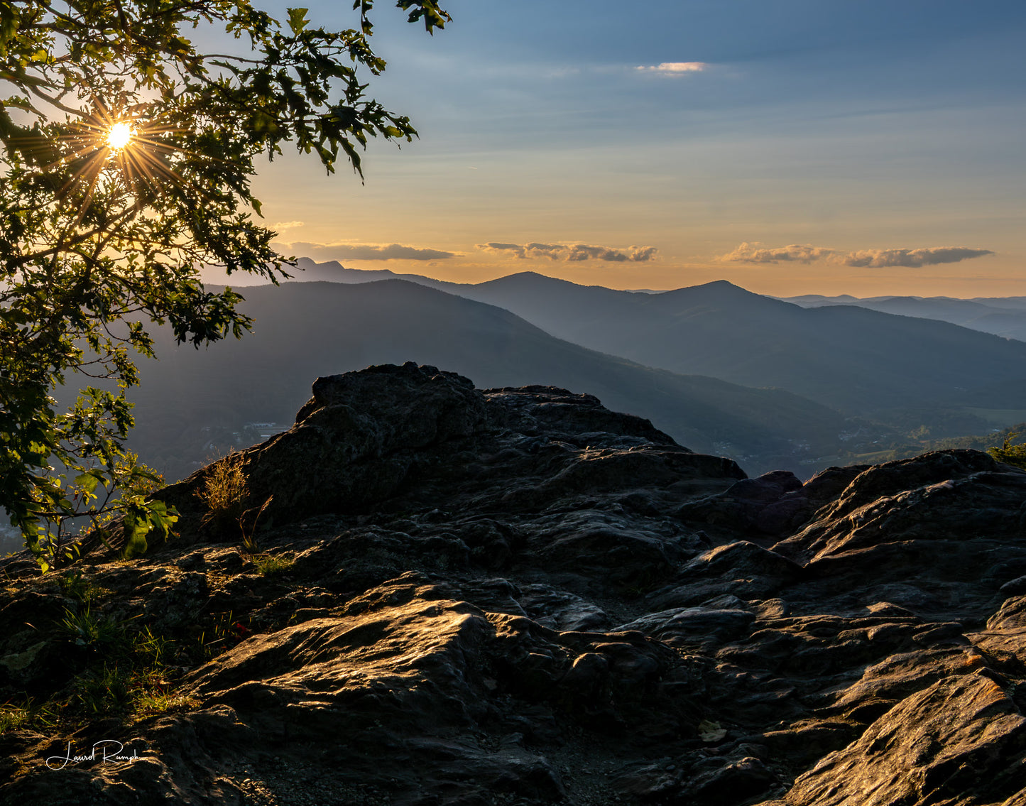 Sunset view from Jefferson Overlook on top of Mount Jefferson in Ashe County, North Carolina, with a sun starburst peeking from the tree and large rock formation in the foreground. 4x5 crop