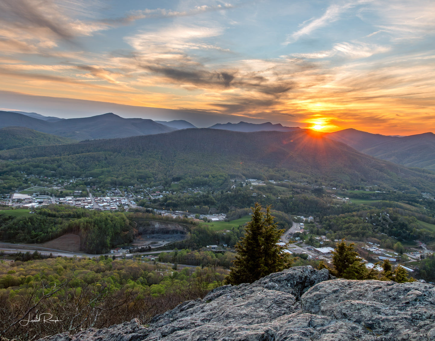 View from the Jefferson overlook on top of Mt Jefferson, with West Jefferson, North Carolina, in view and three top mountain in the background, at sunset. 4x5 crop