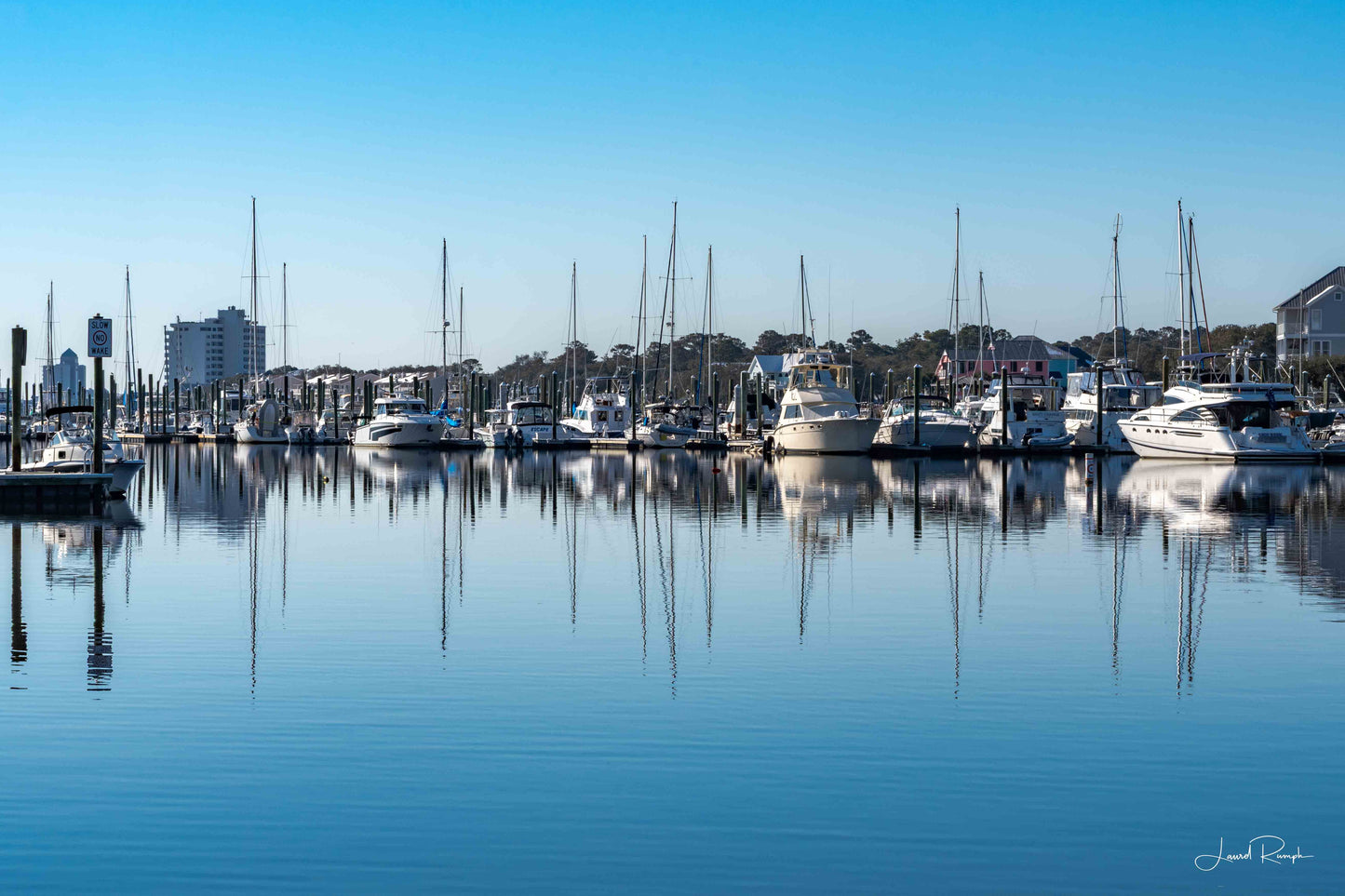 Carolina Beach Marina in North Carolina with boats docked along the waterfront under bright blue skies.