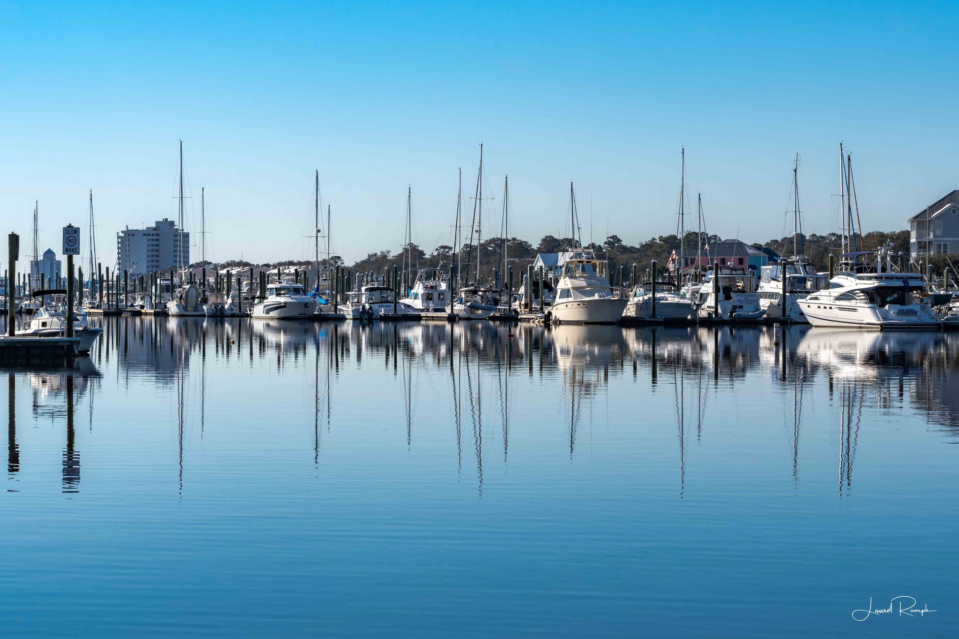 Carolina Beach Marina in North Carolina with boats docked along the waterfront under bright blue skies.
