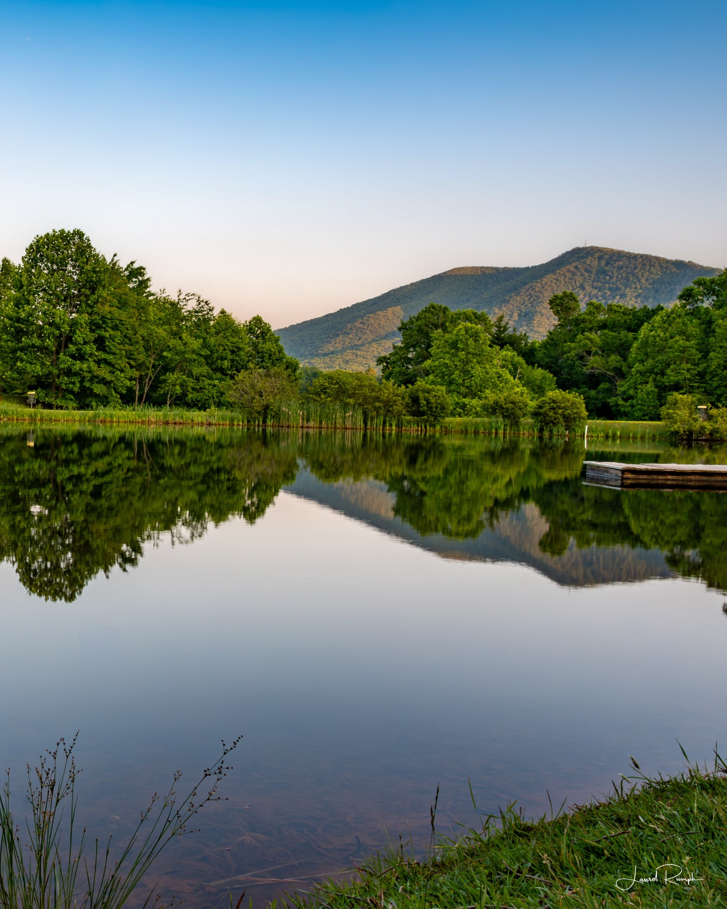 View of Mount Jefferson at Sunset with the pond at Ashe County park in the foreground, Jefferson, North Carolina. 4x5 crop