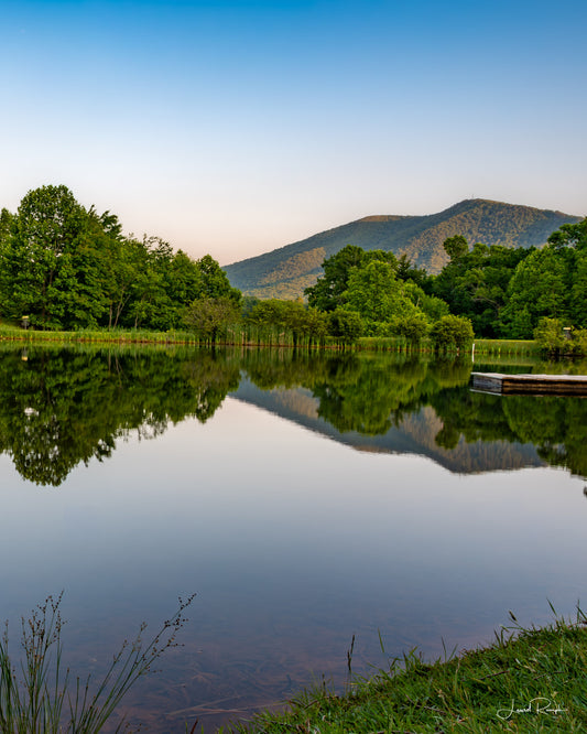 View of Mount Jefferson at Sunset with the pond at Ashe County park in the foreground, Jefferson, North Carolina. 4x5 crop